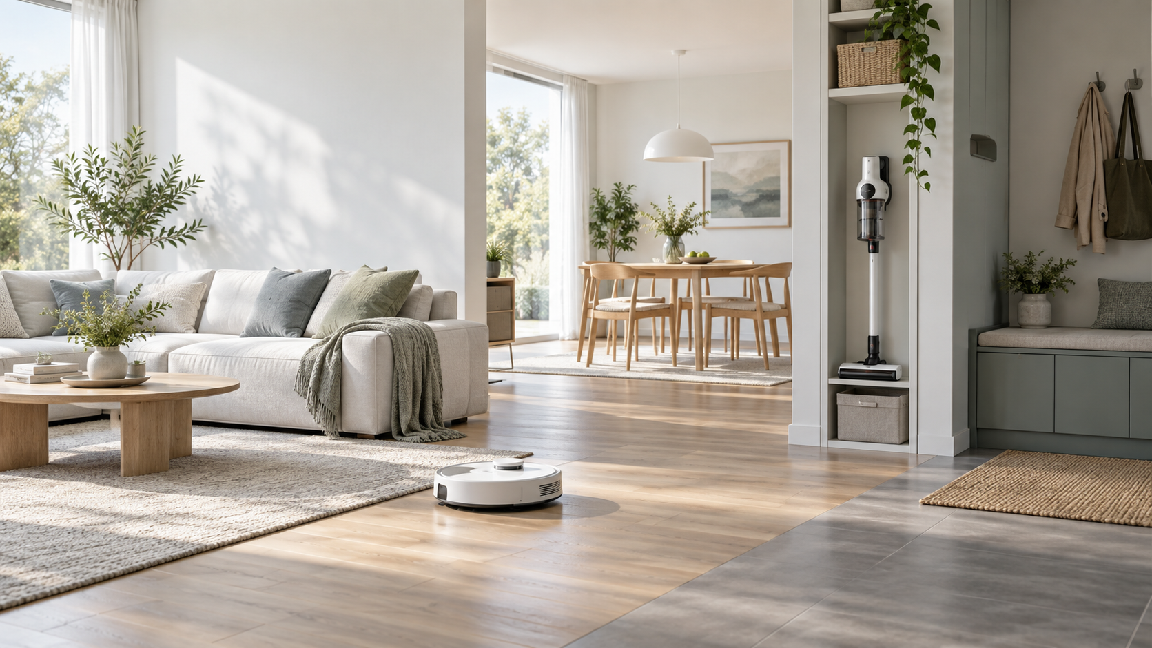 A bright home with cleaning tools integrated into daily life